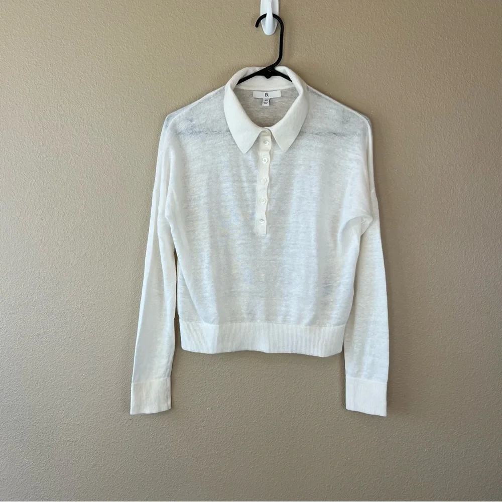 banana republic linen blend long sleeve johnny collar shirt iced vanilla - Picture 2 of 10